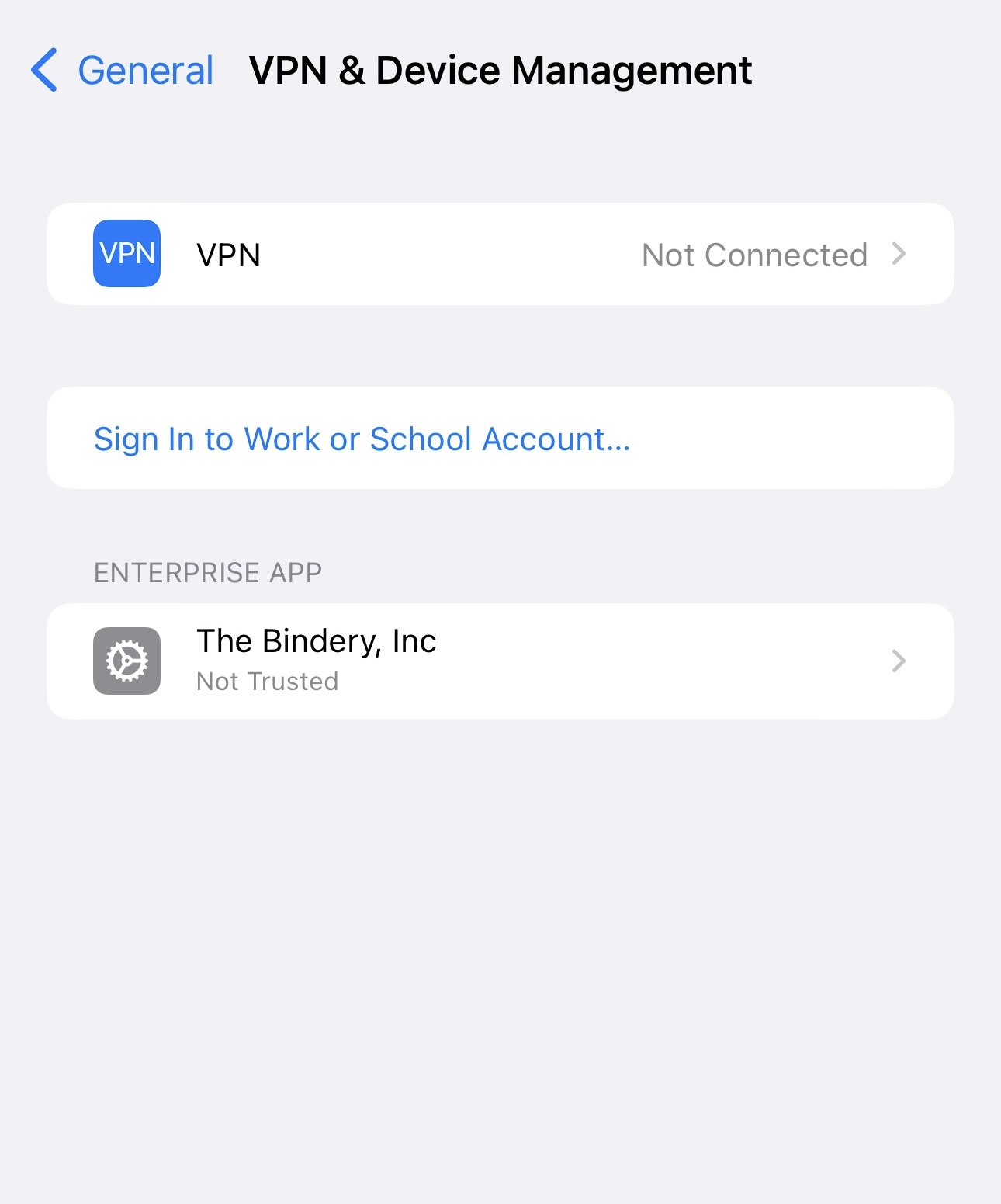 iPhone VPN and Device Management showing The Bindery Inc enterprise app